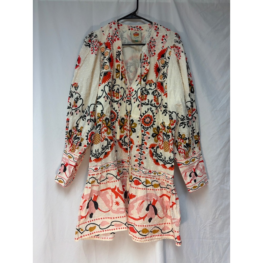 Farm Rio Cream Swiss Dot Floral Print Tassel Mini Dress Long Sleeve Womens M